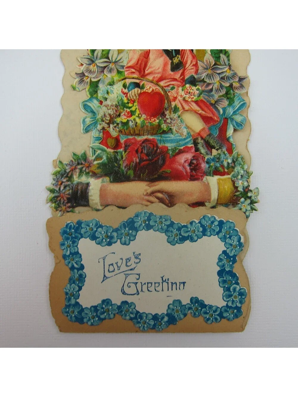 Vintage Valentine Die Cut Stand Up Blonde Girl Pink Sailor Dress Flowers Basket